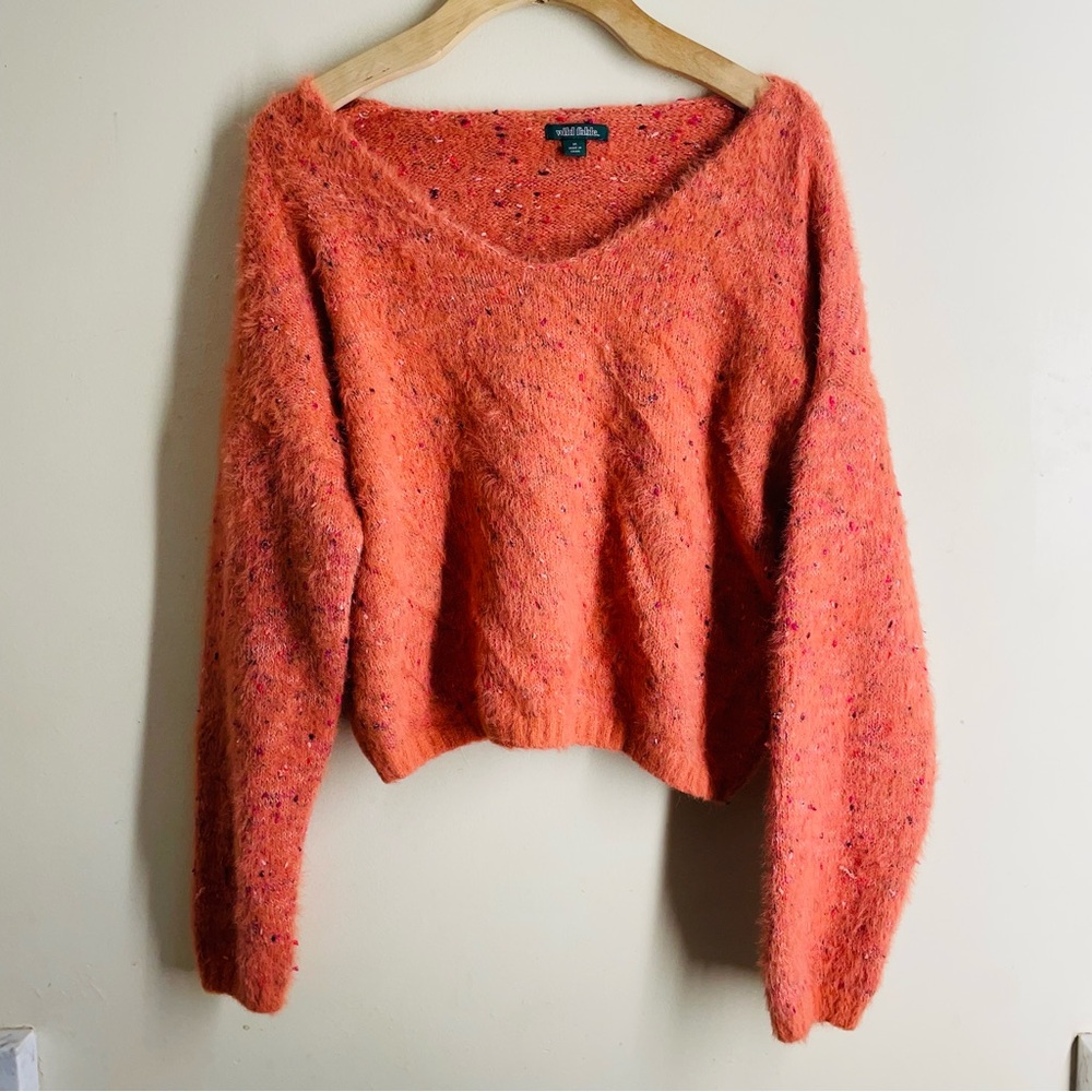 Faux Mohair Confetti Knit Cropped Fuzzy Sweater Coral size M